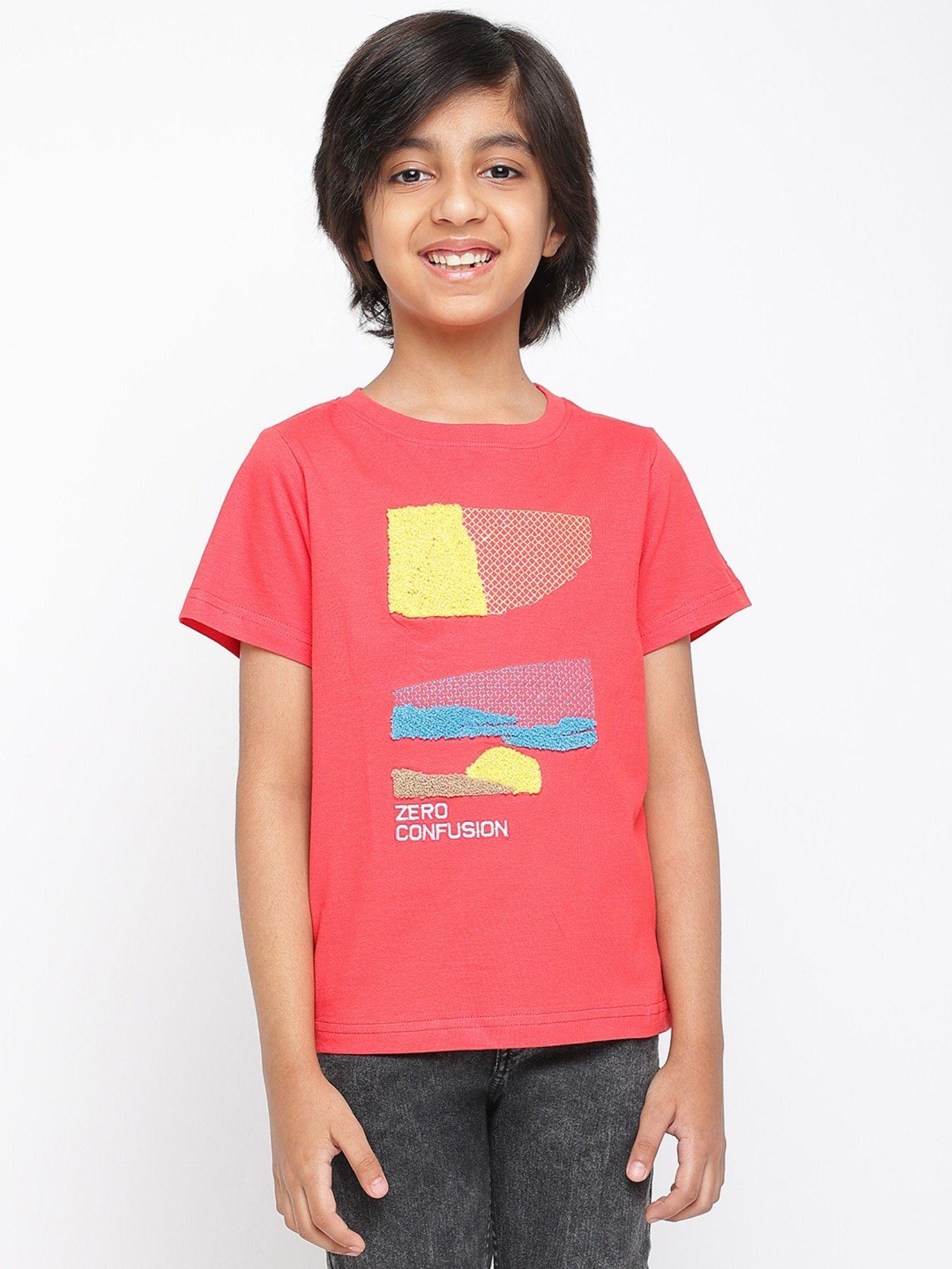 boys red cotton embroidered t-shirt