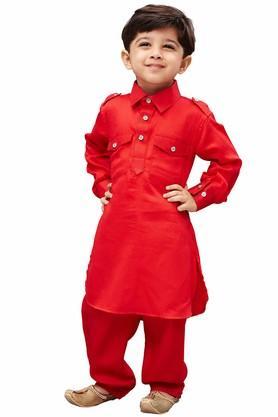 boys red cotton pathani suit set - red