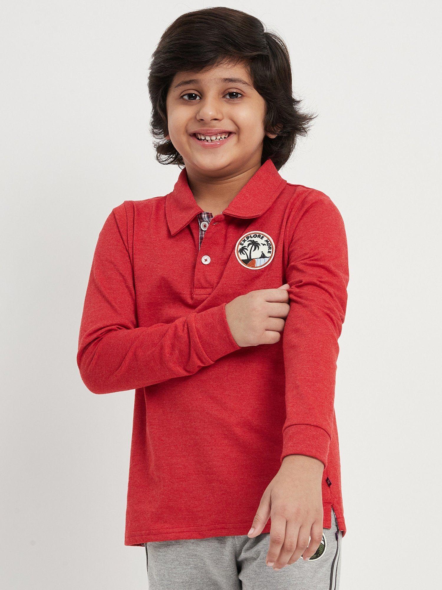 boys red cotton solid full sleeves collar neck polo t-shirt