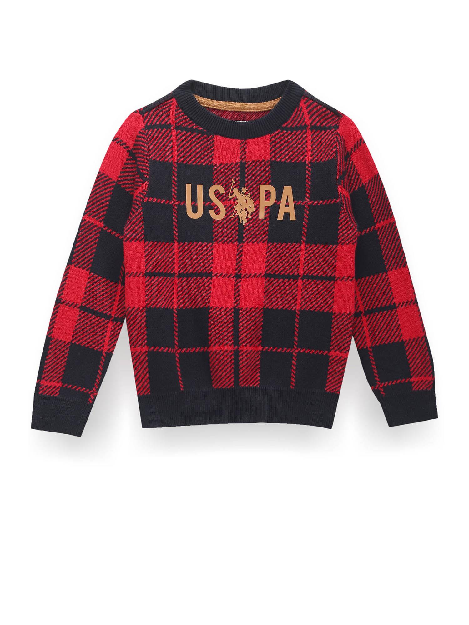 boys red crew neck check sweater