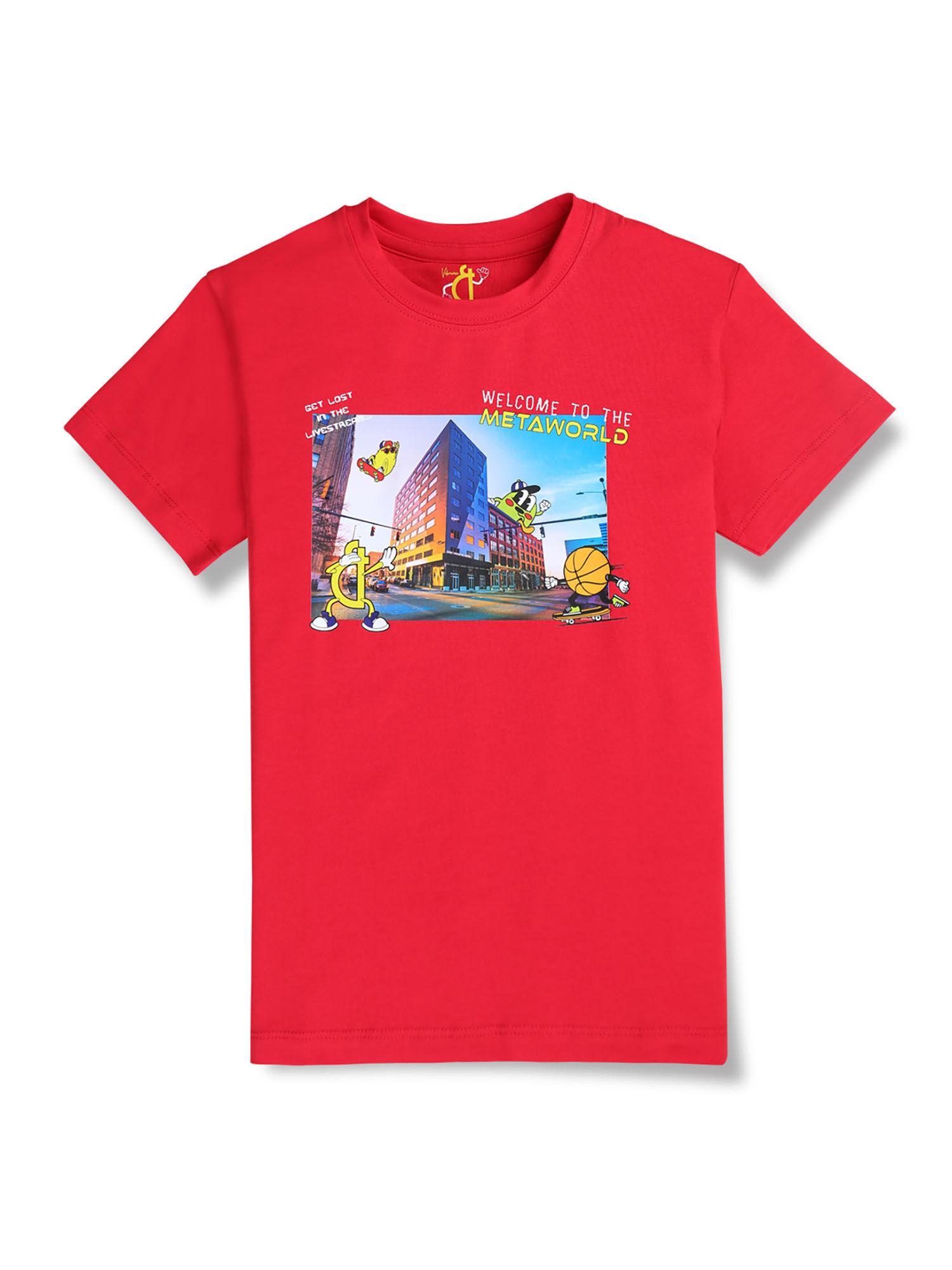 boys red digital print cotton t-shirt half sleeves