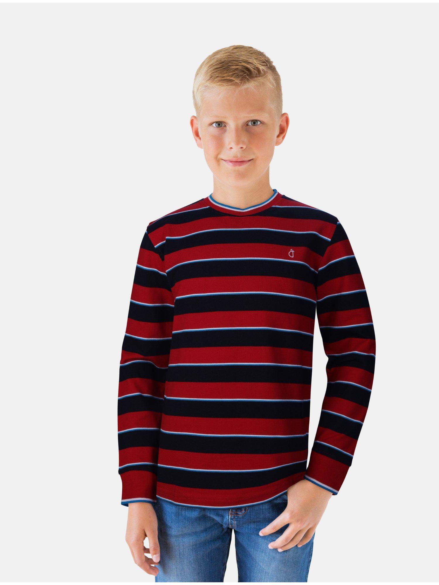 boys red knitted stripes t-shirt full sleeves