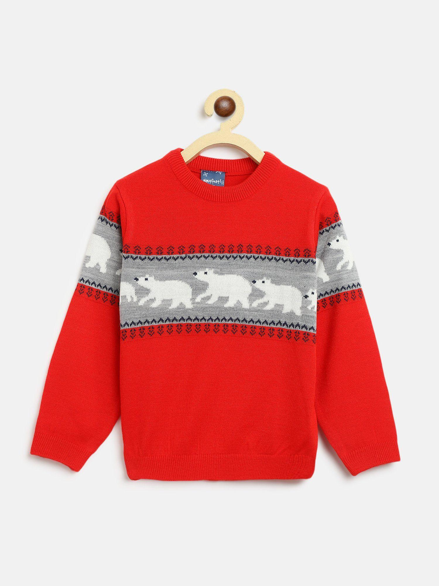 boys red printed acrylic sweater
