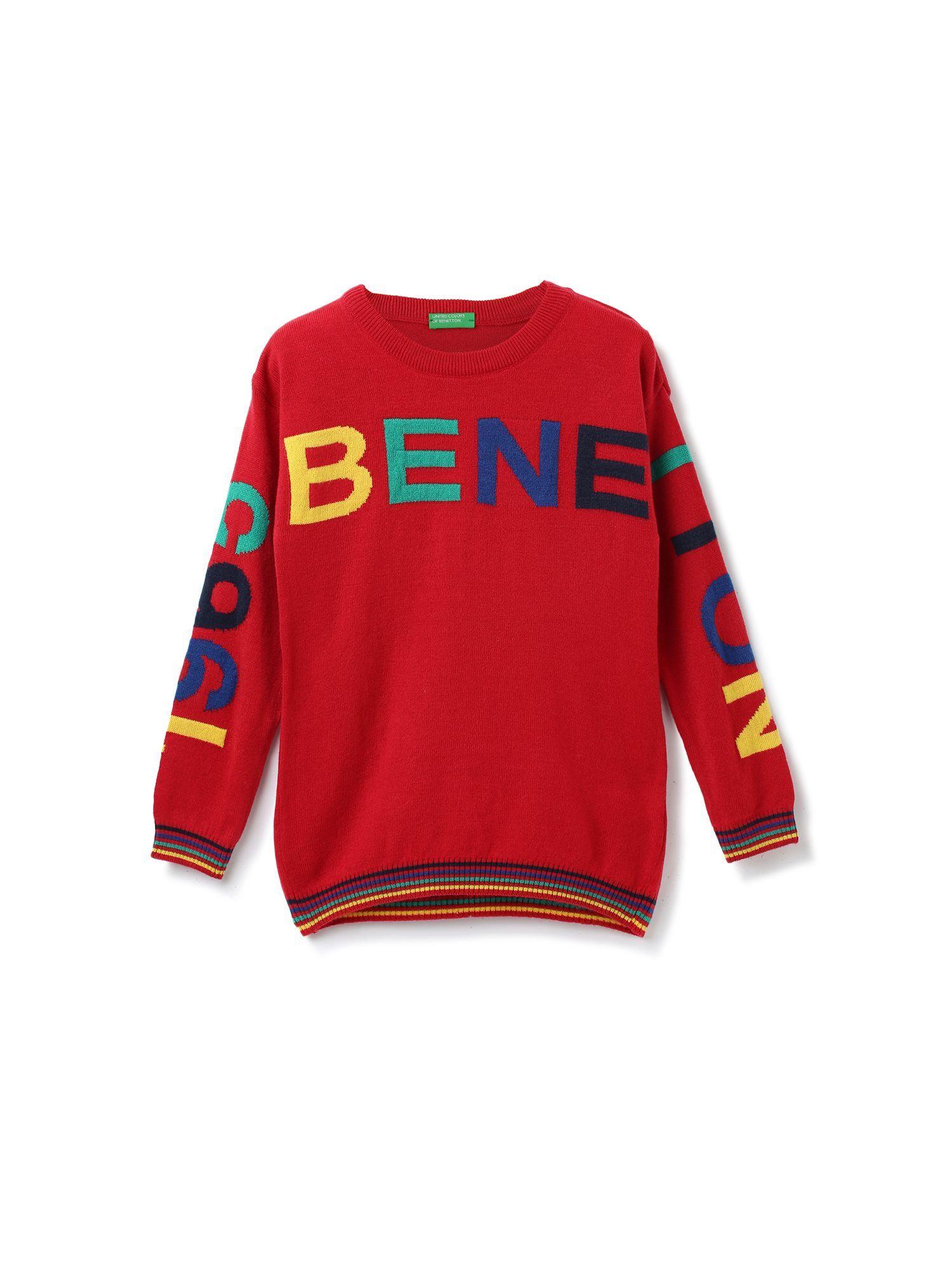 boys red printed round neck sweater