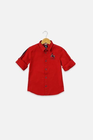 boys red regular fit solid casual shirt