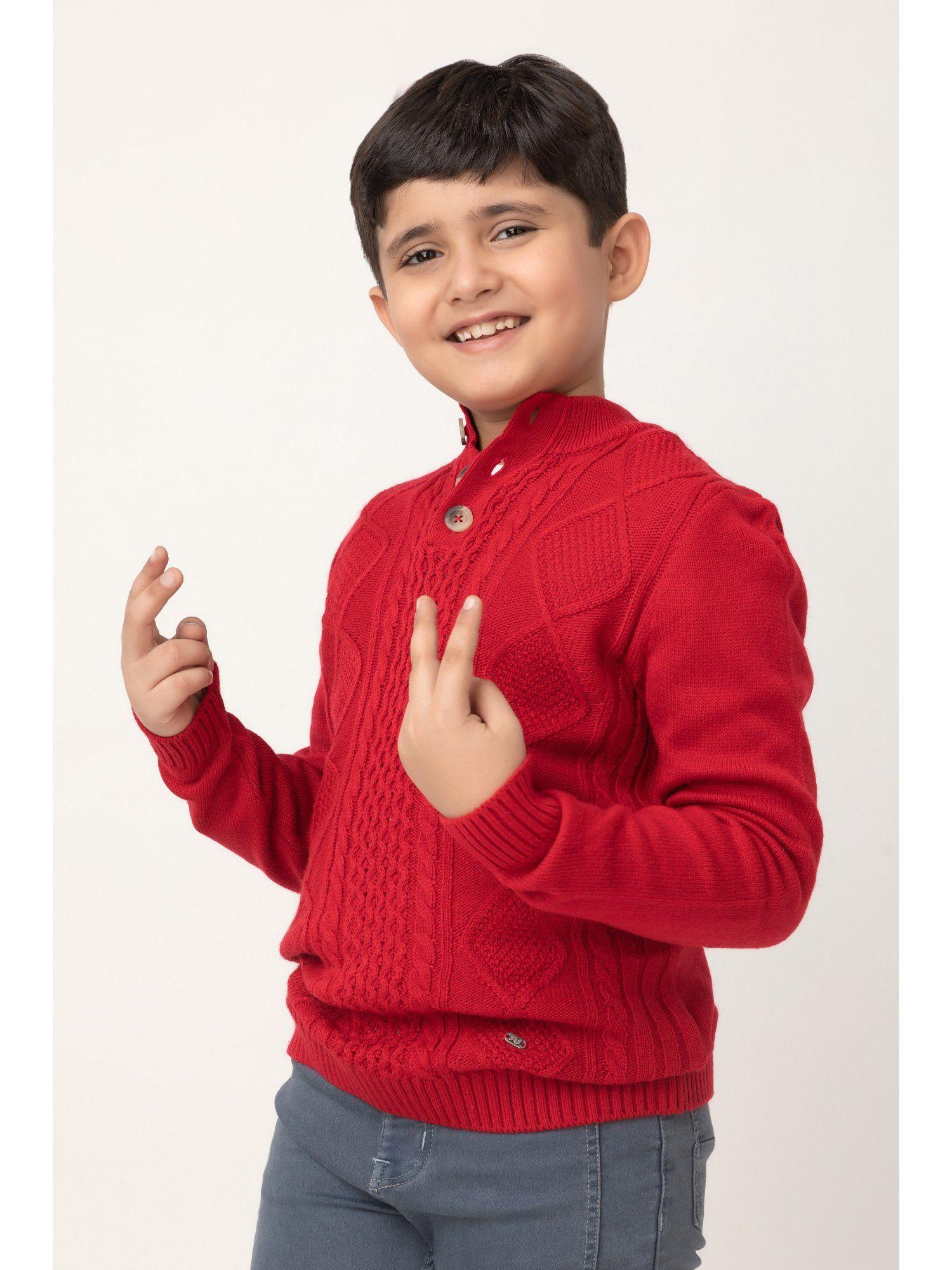 boys red woven full sleeves high neck sweater