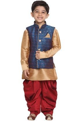 boys rose gold, persian blue and maroon silk blend ethnic jacket, kurta and dhoti pant set - deep blue