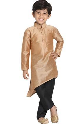 boys rose gold and black cotton blend kurta and pyjama set - gold