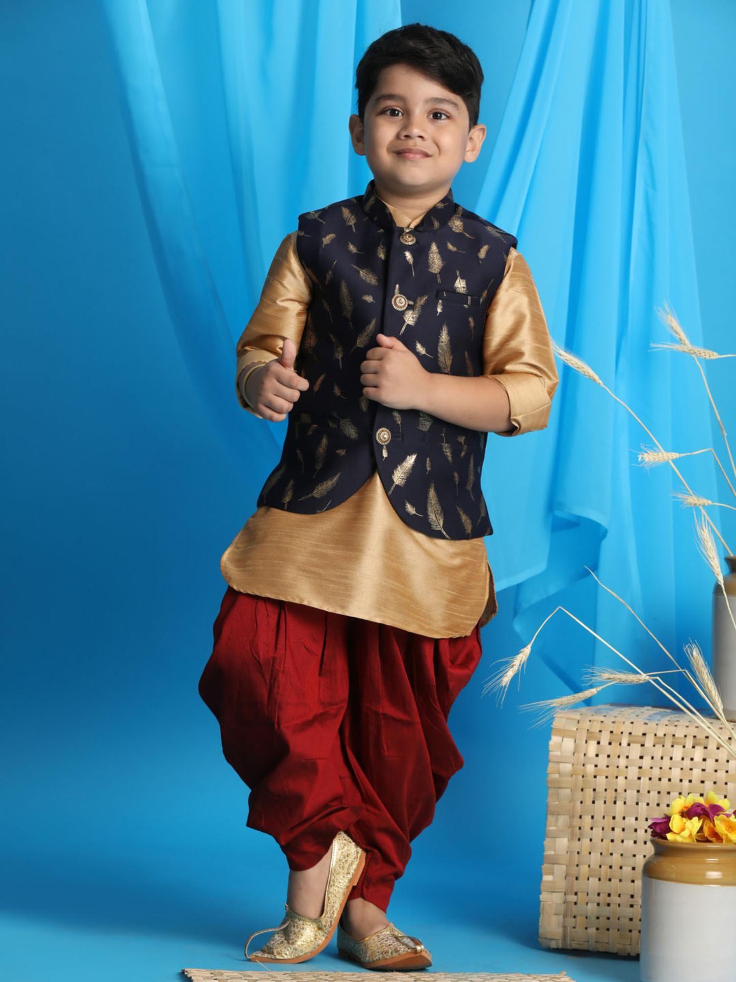 boys rose gold and navy blue jacket, kurta and maroon dhoti pant (set of 3)