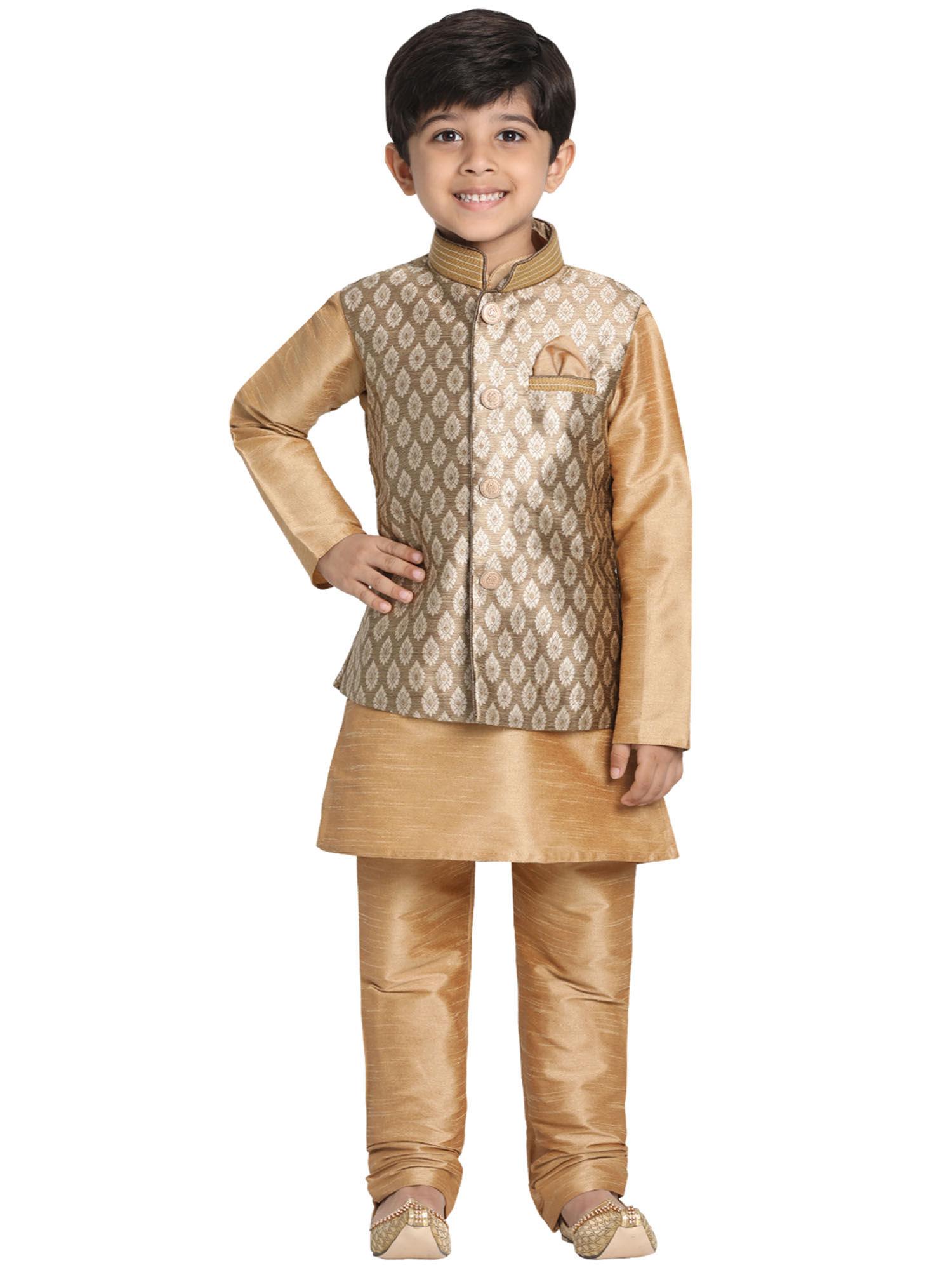 boys rose gold jacket, kurta set (set of 3)