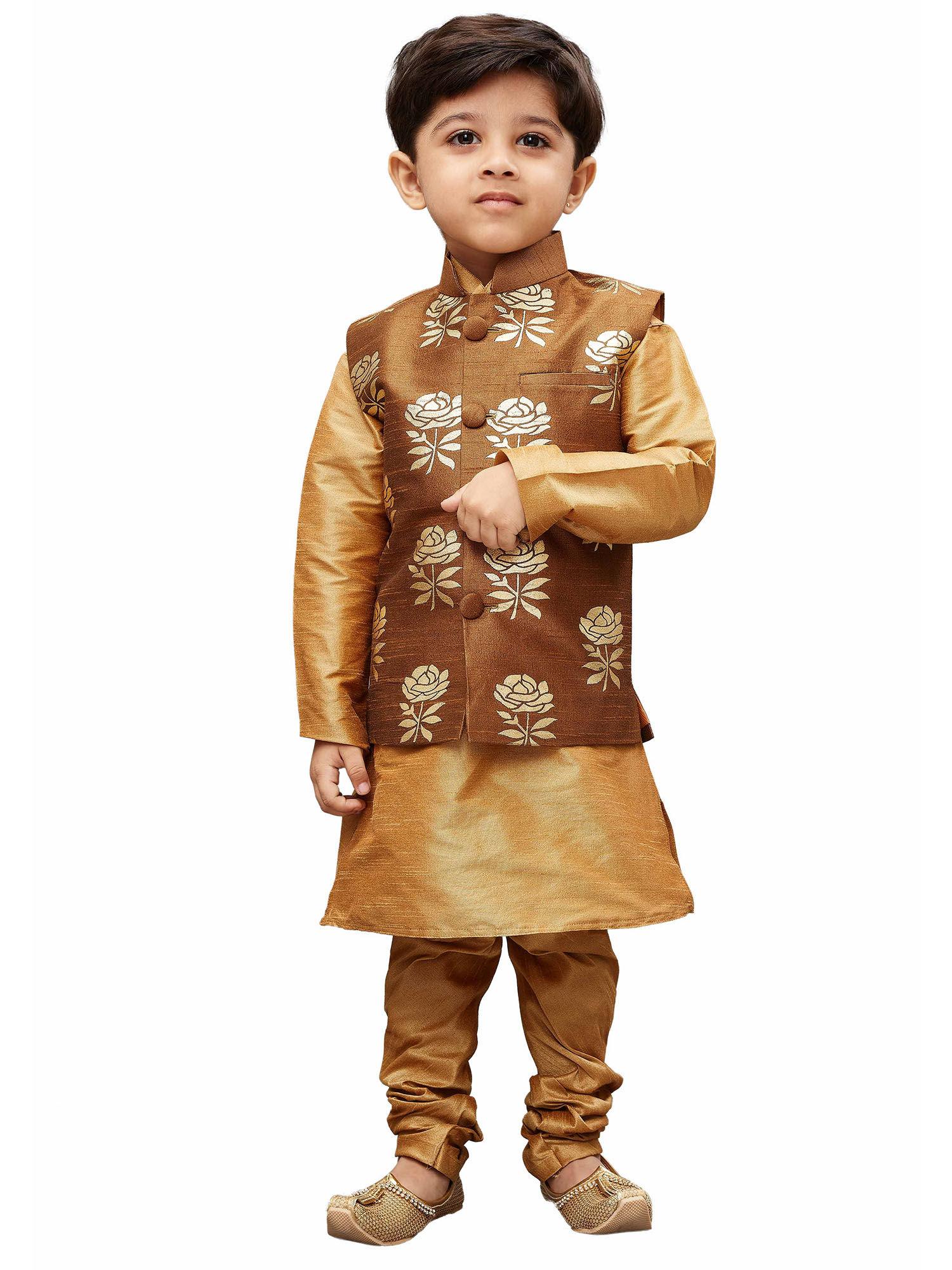 boys rose gold jacket, kurta set (set of 3)