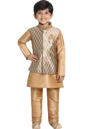 boys rose gold silk blend kurta, ethnic jacket and pyjama set - gold