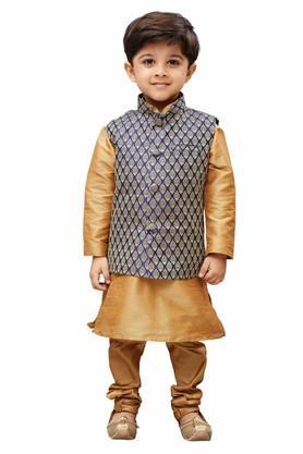 boys rose gold silk blend kurta, ethnic jacket and pyjama set - gold
