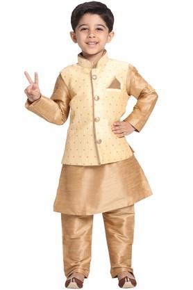 boys rose gold silk blend kurta, ethnic jacket and pyjama set - gold