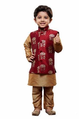 boys rose gold silk blend kurta, ethnic jacket and pyjama set - gold