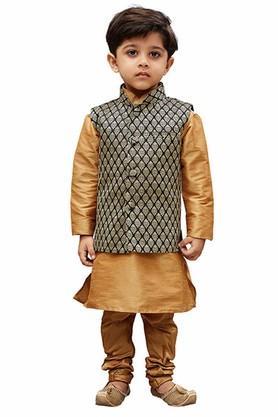 boys rose gold silk blend kurta, ethnic jacket and pyjama set - gold