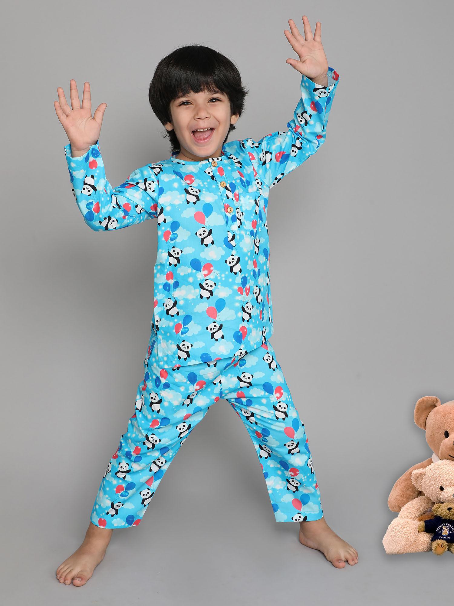 boys round neck full sleeve top paired with printed pyjama blue (set of 2)