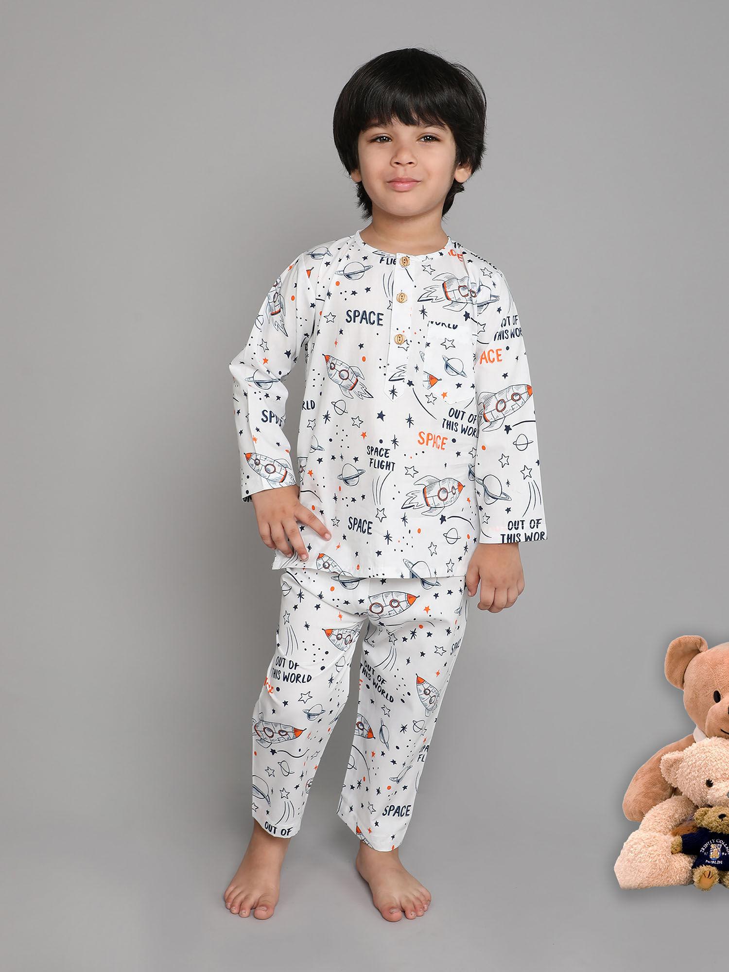 boys round neck full sleeve top paired with printed pyjama white (set of 2)