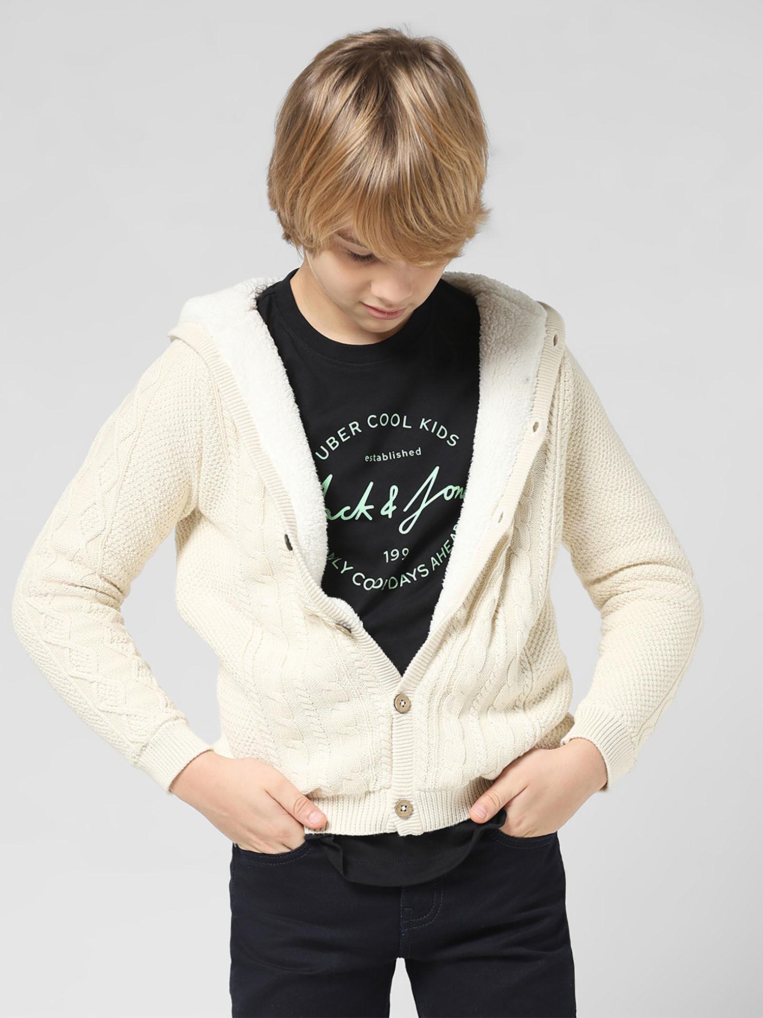 boys self design beige sweater