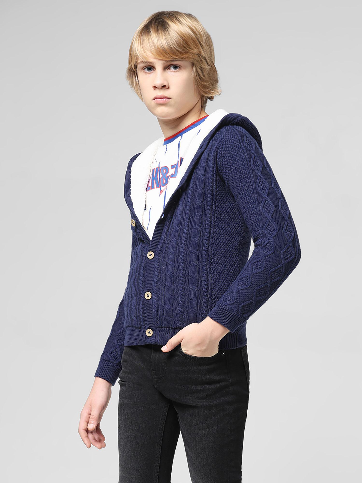 boys self design navy blue sweater