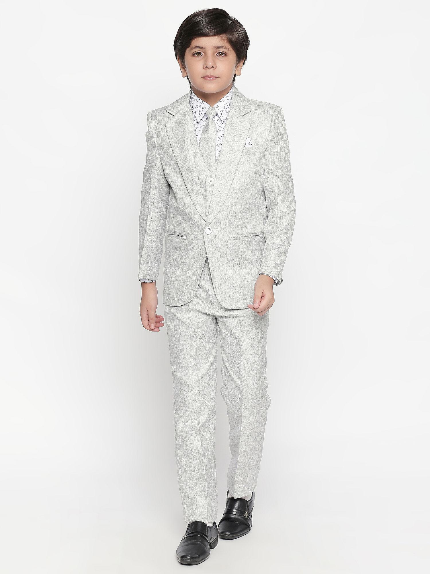 boys silver checked coat suit with waistcoat shirt and trousers (set of 5)
