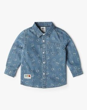 boys smiley print regular fit shirt with patch pocket