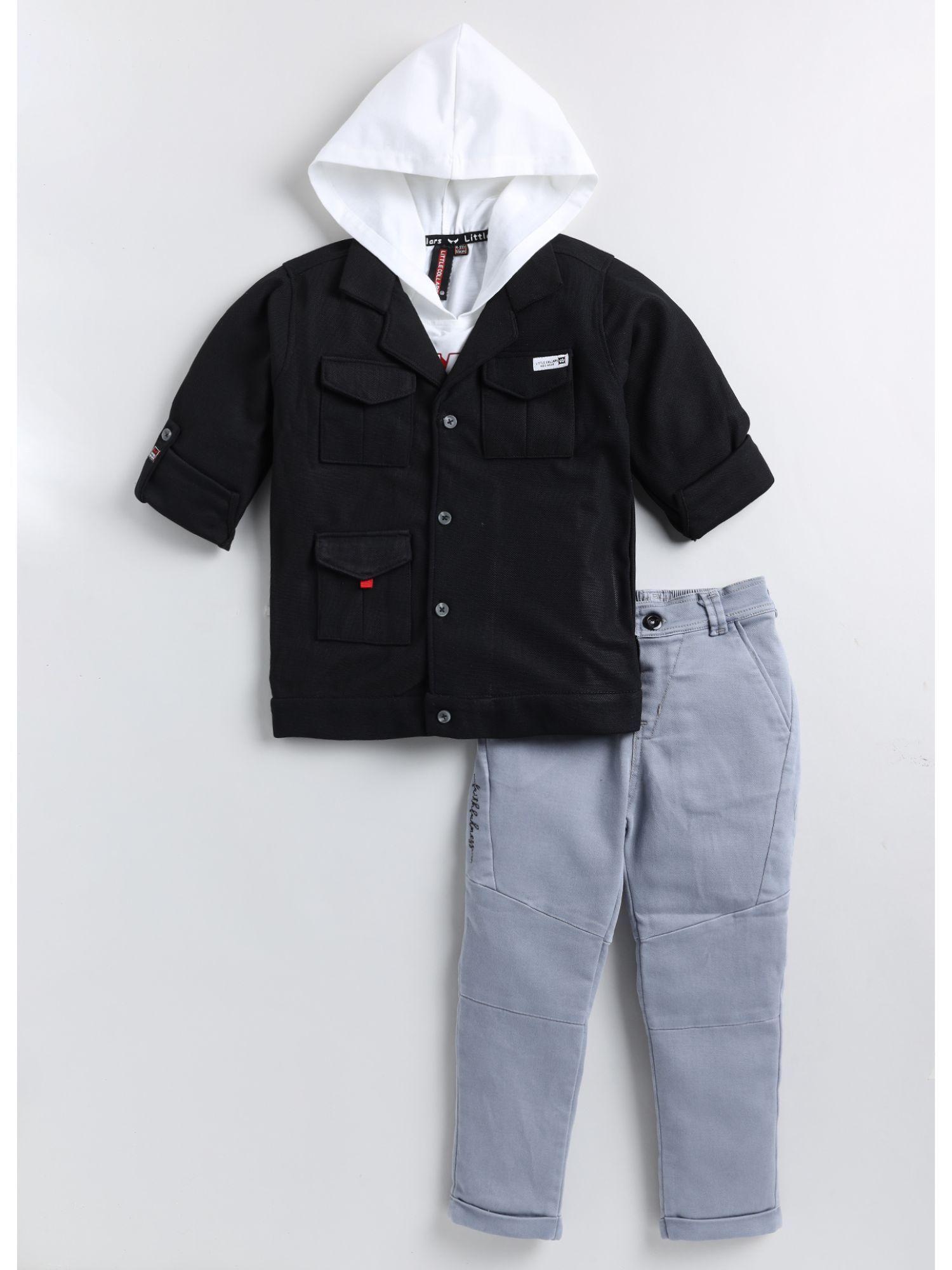 boys solid black overshirt and trouser with inner (set of 3)