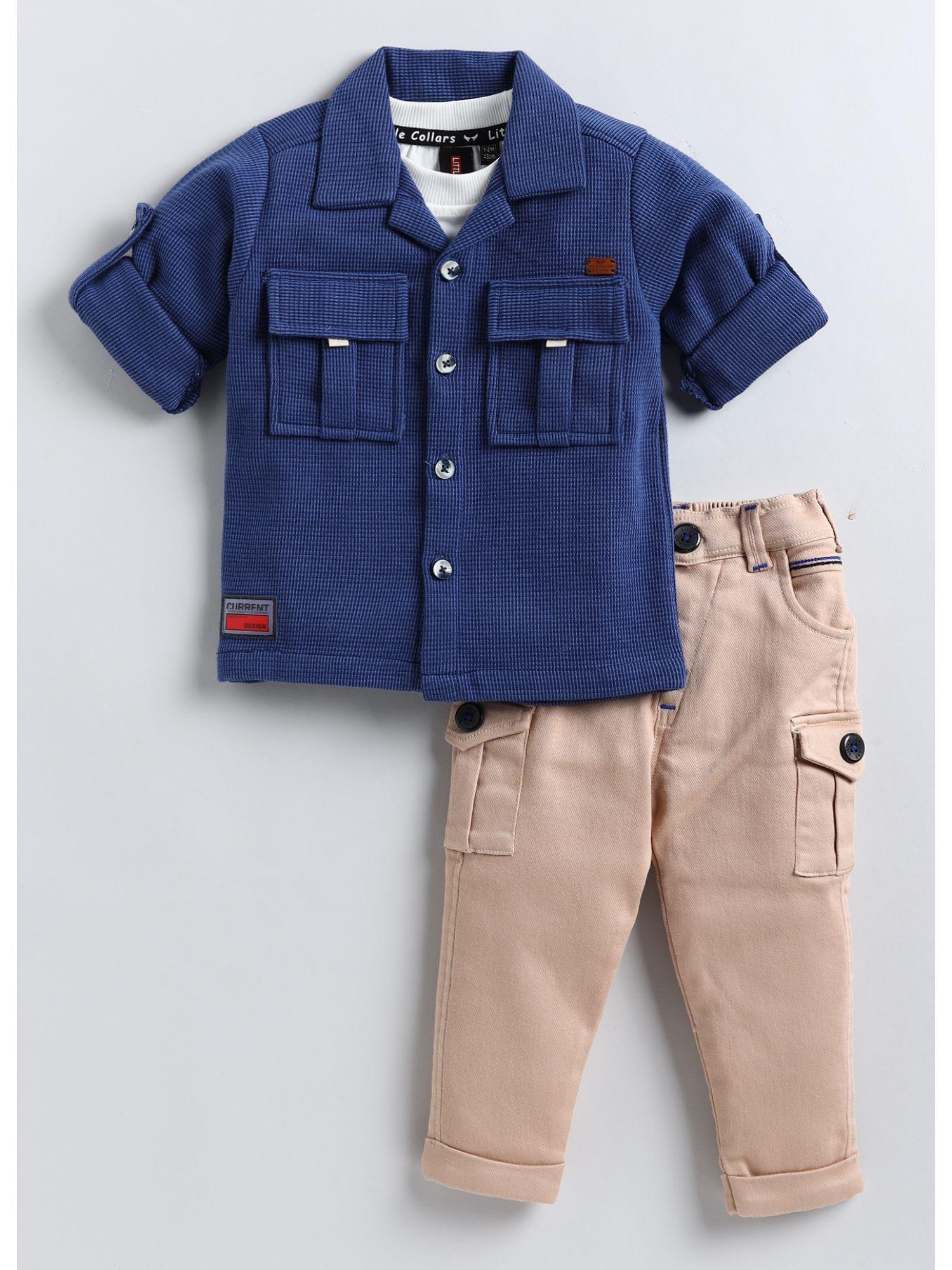 boys solid blue knitted overshirt and trouser with inner (set of 3)