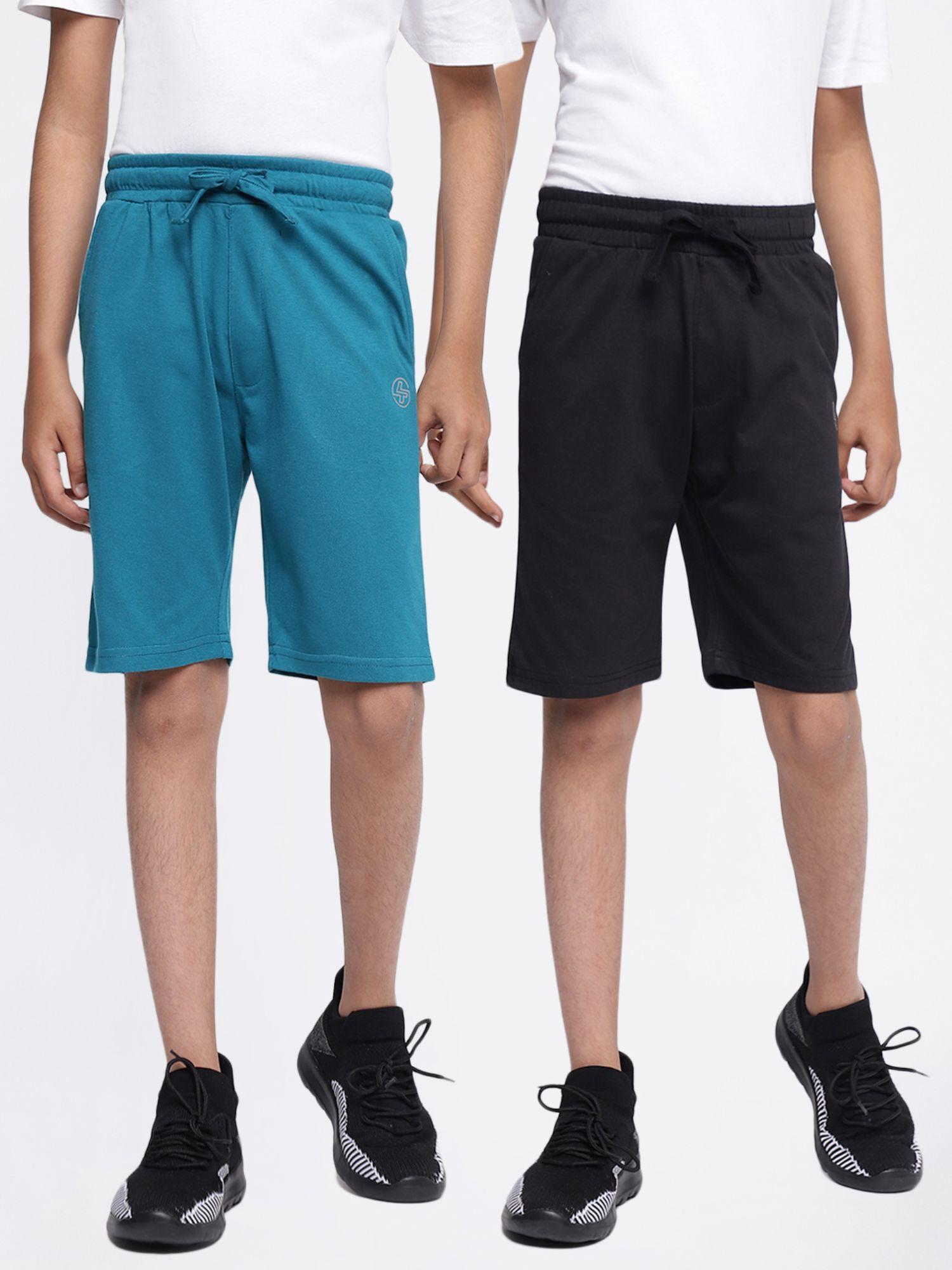 boys solid cotton combo shorts teal black (pack of 2)