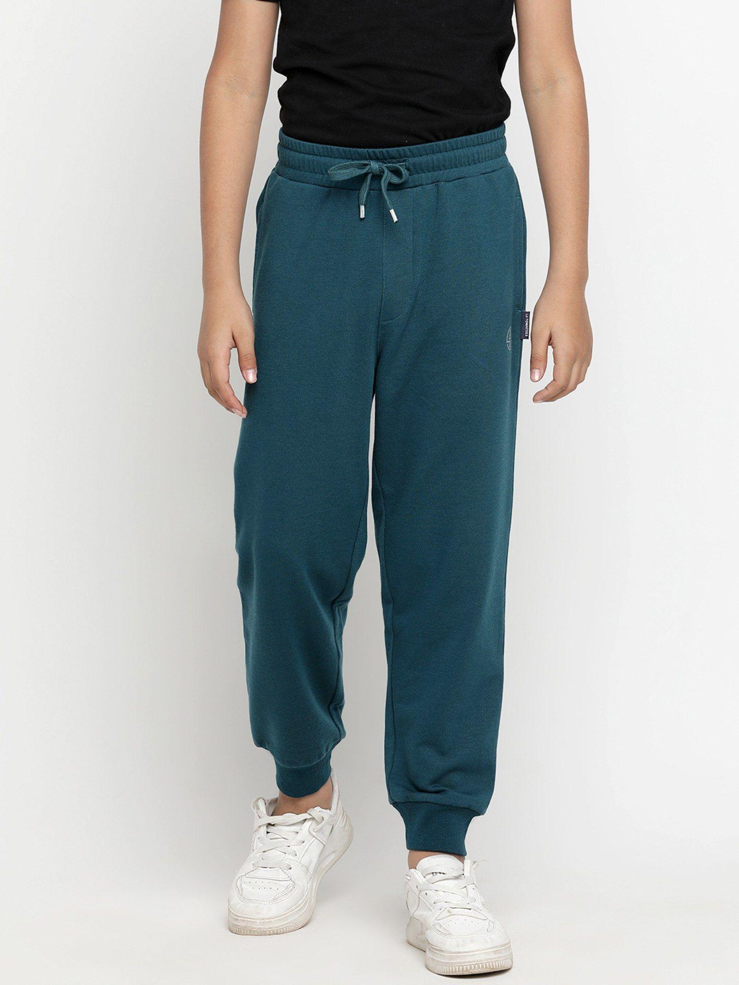 boys solid light weight cotton looper teal trackpant