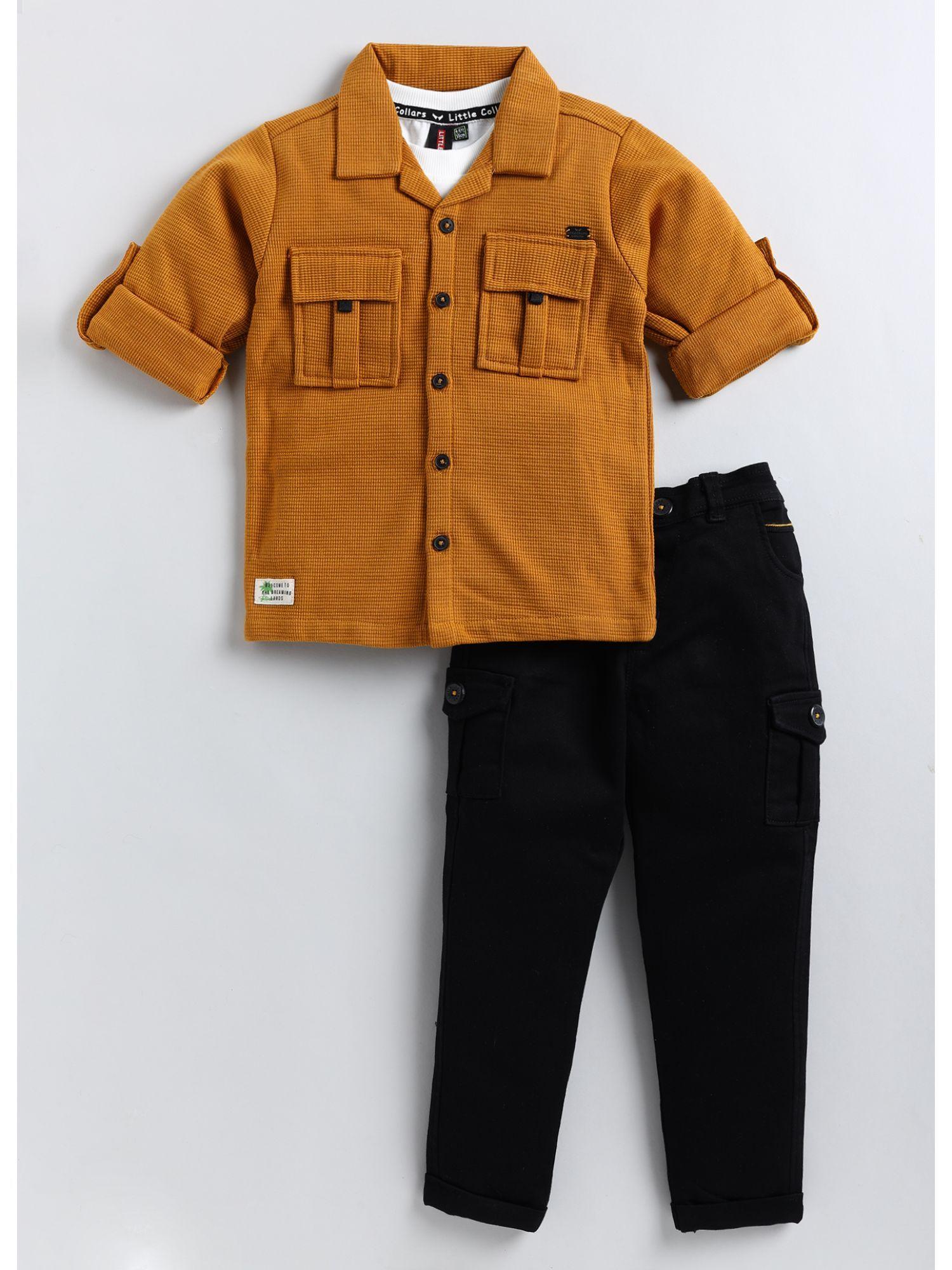 boys solid mustard knitted overshirt and trouser with inner (set of 3)