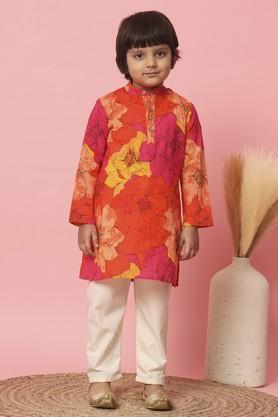boys straight style cotton fabric kurta and pyjama - orange