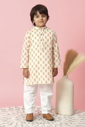 boys straight style cotton fabric kurta and pyjama - peach