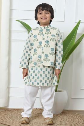 boys straight style cotton fabric kurta and pyjama with nehru jacket - off white