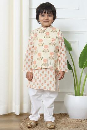 boys straight style cotton fabric kurta and pyjama with nehru jacket - peach