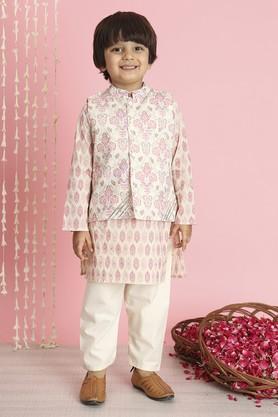 boys straight style cotton fabric kurta and pyjama with nehru jacket - pink