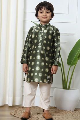 boys straight style raw silk fabric kurta and pyjama - green