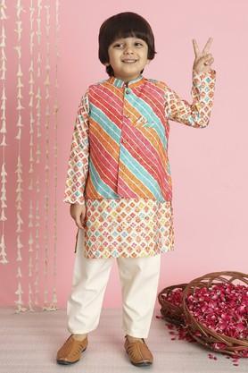 boys straight style silk fabric kurta and pyjama with nehru jacket - orange