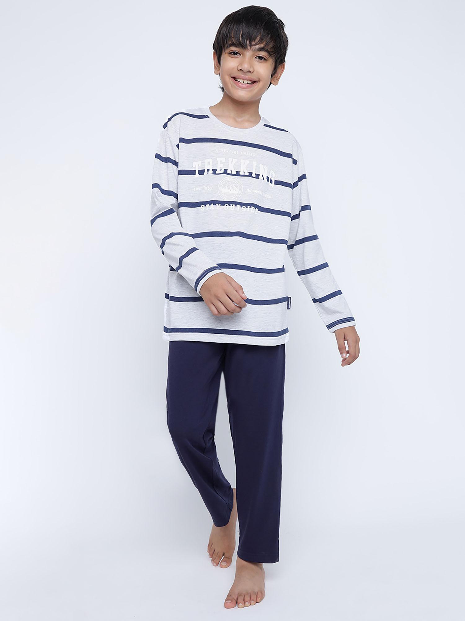 boys striped cotton night suits navy (set of 2)