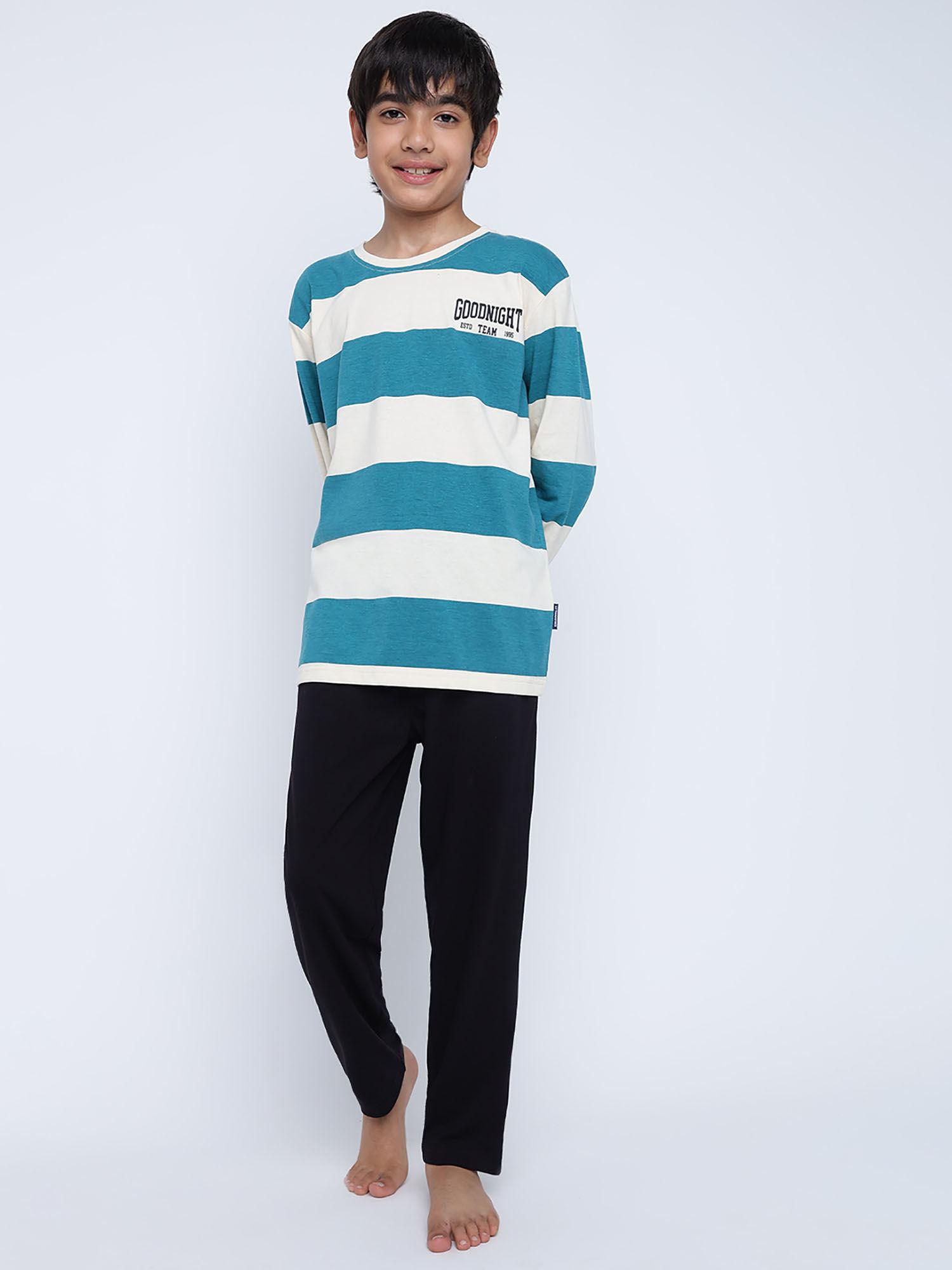 boys striped cotton night suits teal (set of 2)