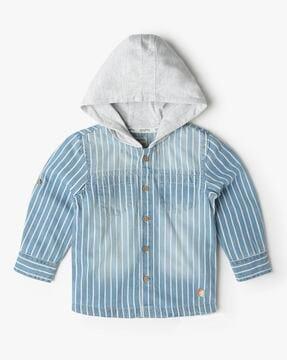 boys striped hooded regular fit shirt with patch pockets