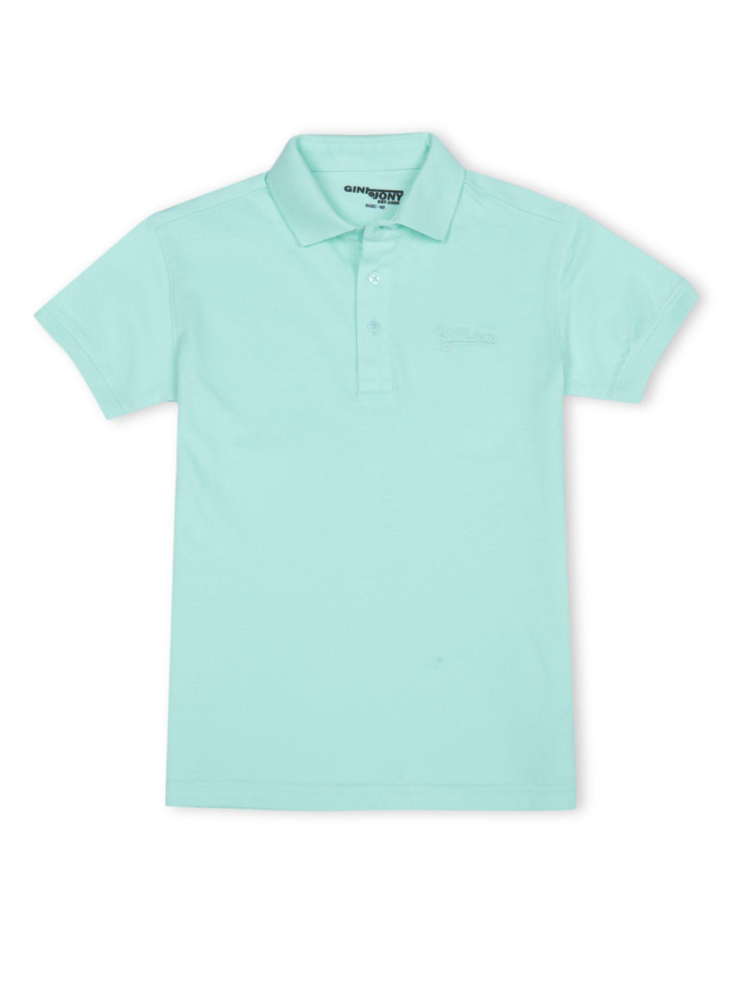boys turquoise cotton solid half sleeves polo t-shirt