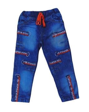 boys typographic print jeans with drawstring waist