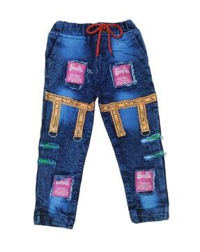 boys typographic print jeans with drawstring waist