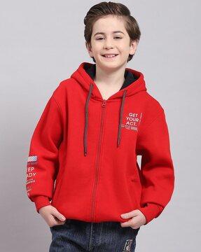 boys typographic print zip-front hoodie with side pockets