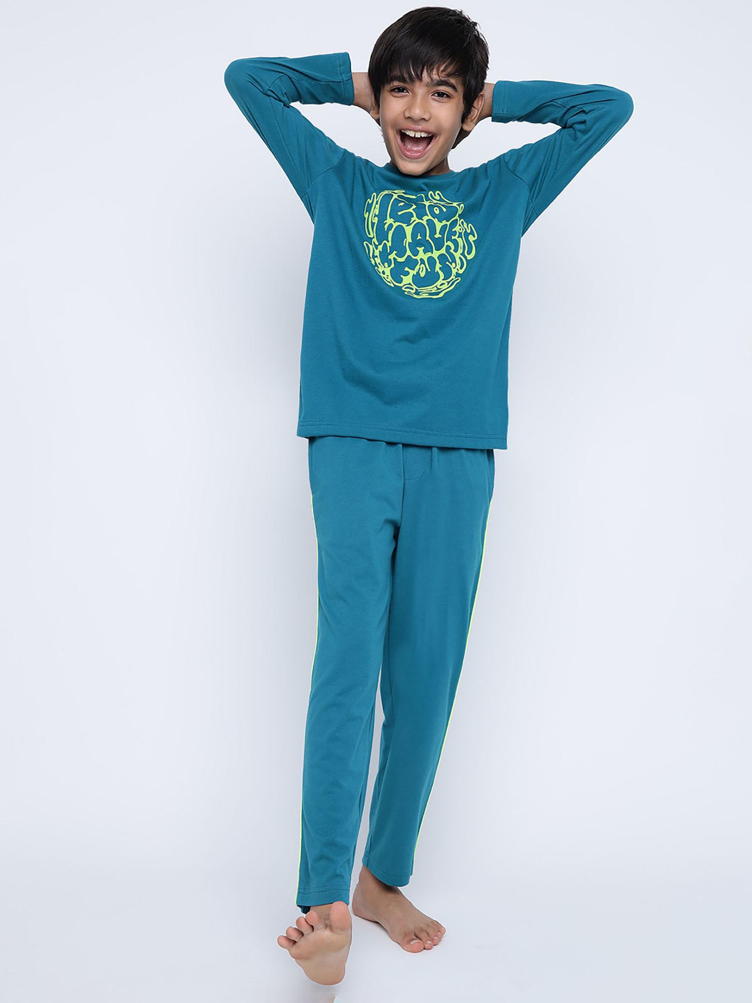 boys typography cotton night suits teal (set of 2)