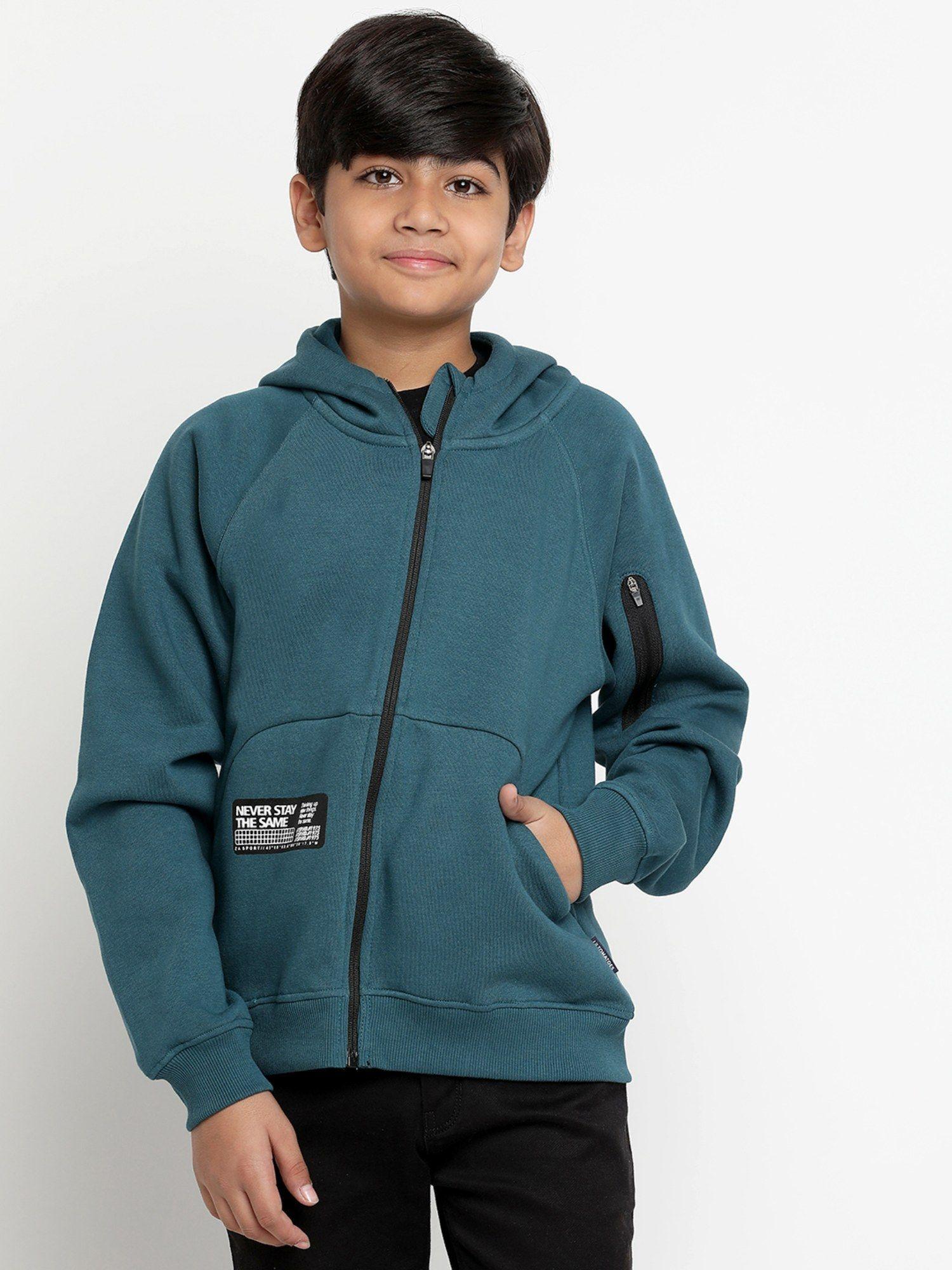 boys typography heavy weight cotton fleece teal hoodie