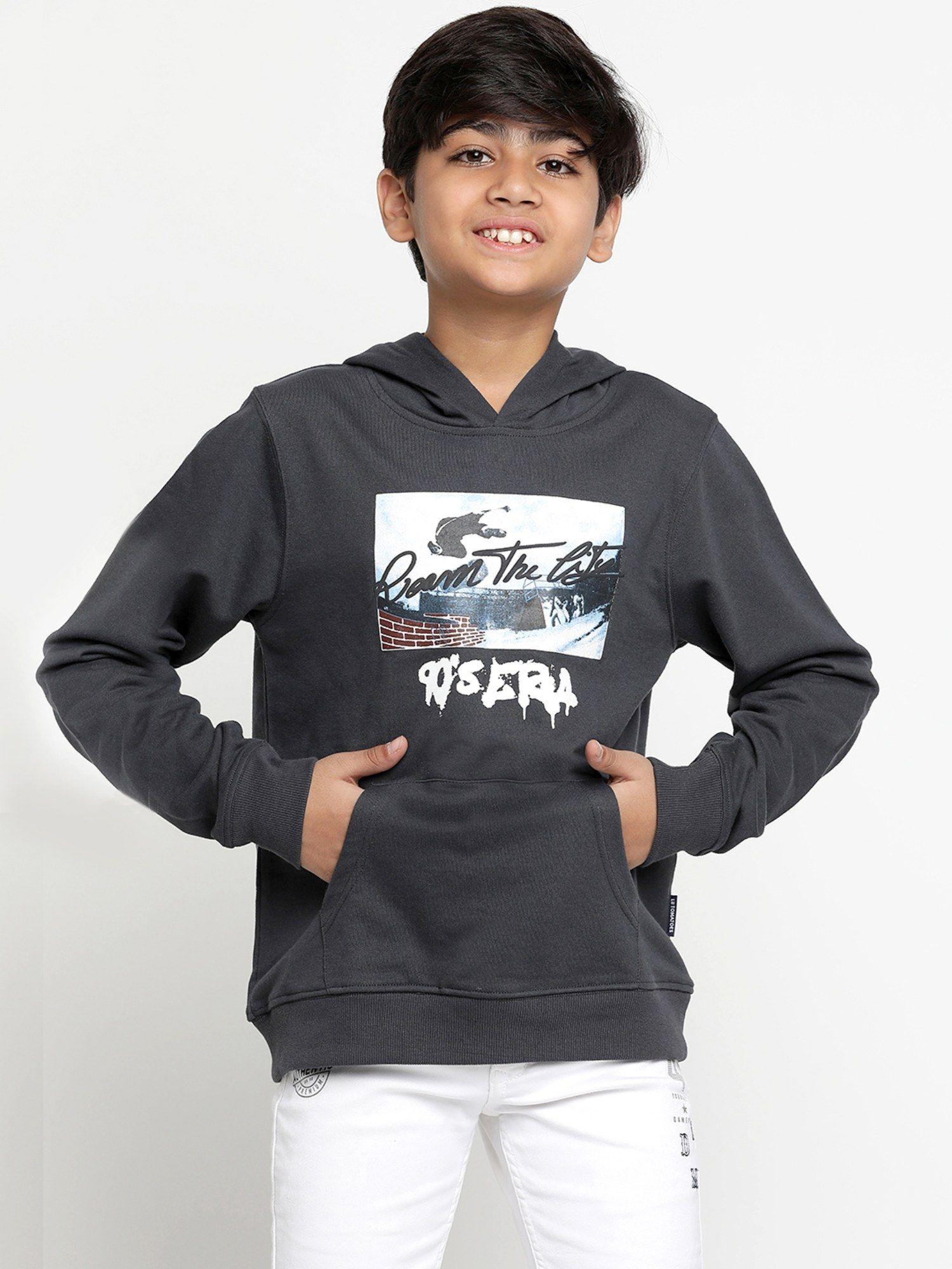 boys typography light weight cotton looper charcoal hoodie