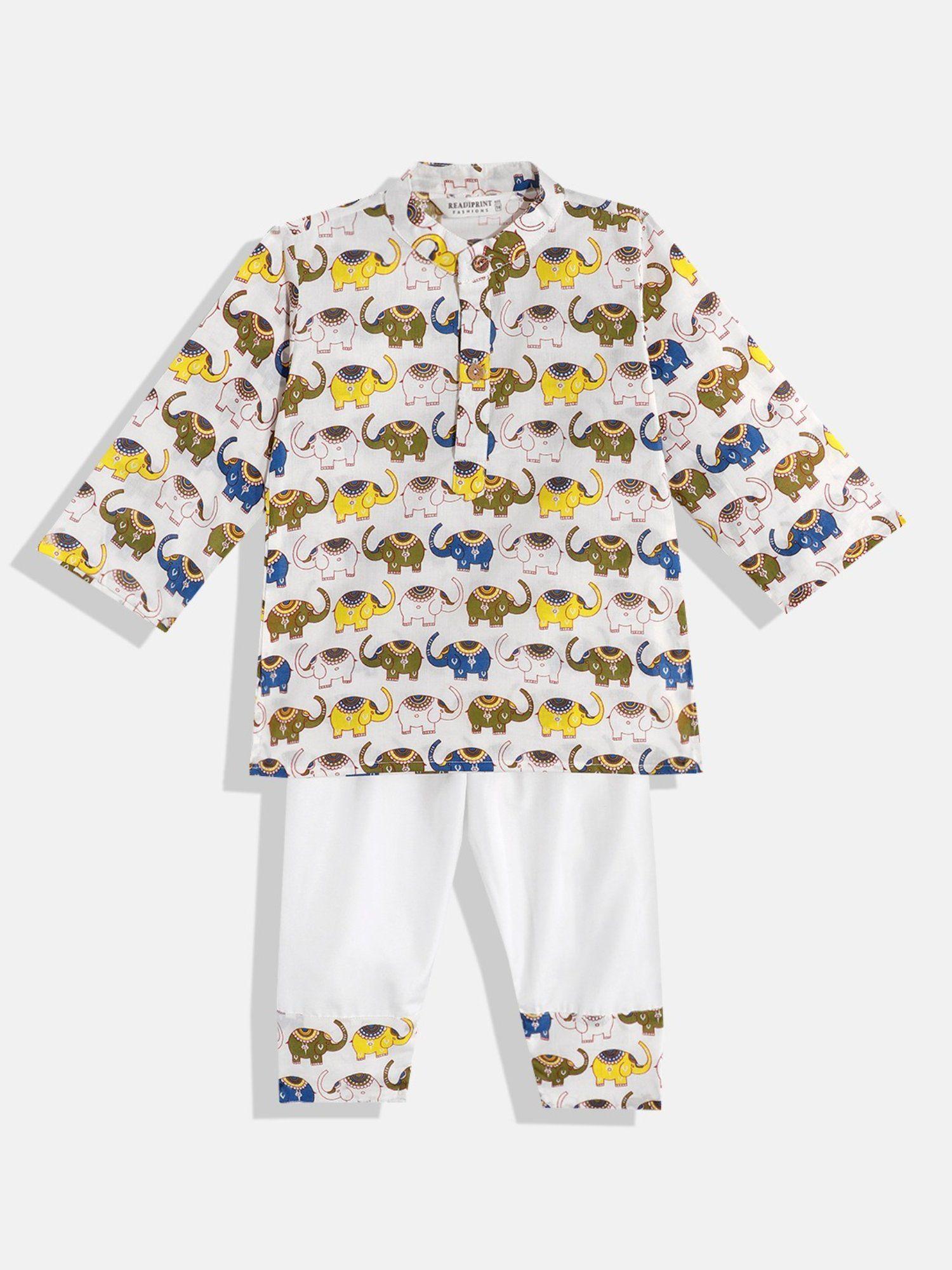 boys white & yellow cotton printed kurta pyjama (set of 2)