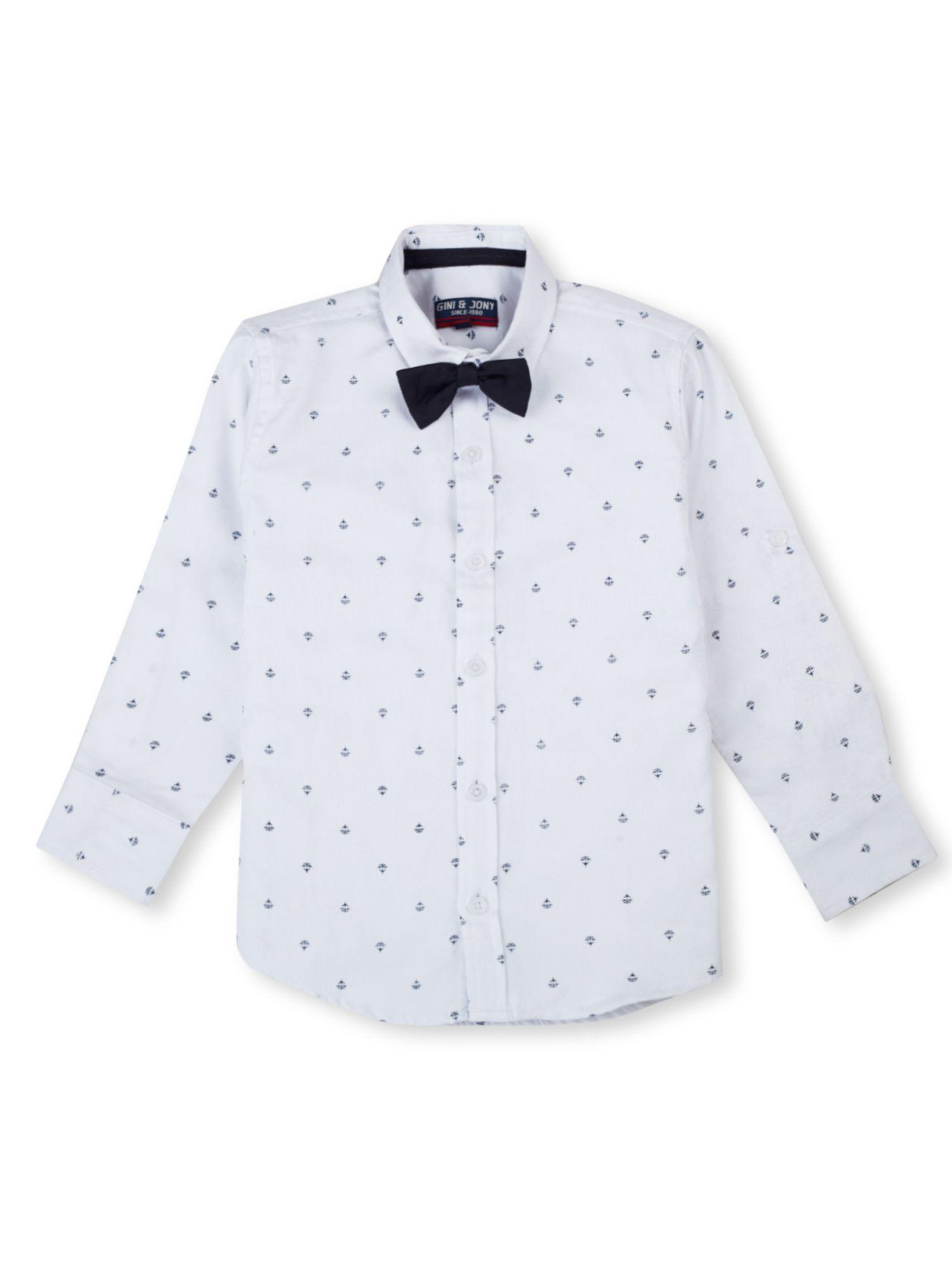 boys white abstract cotton shirt full sleeves with bow (set of 2)